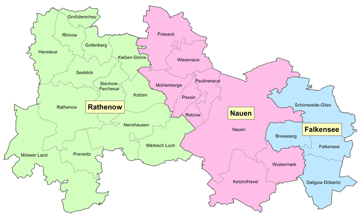 Karte des Landkreises Havelland in drei Farben zur Erkennung der Zuständigkeiten der  Jobcenter Ratehnow, Nauen und Falkensee