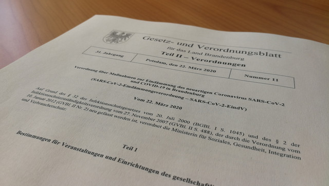 Die erste Seite der Verordnung über Maßnahmen zur Eindämmung des neuartigen Coronavirus SARS-CoV-2 und COVID-19 in Brandenburg.