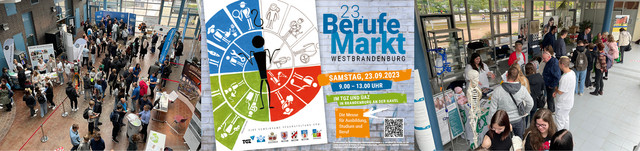 Bildleiste mit Bildern vom Berufemarkt und einem Flyer zur Veranstaltung - Klick öffnet Bildbetrachter