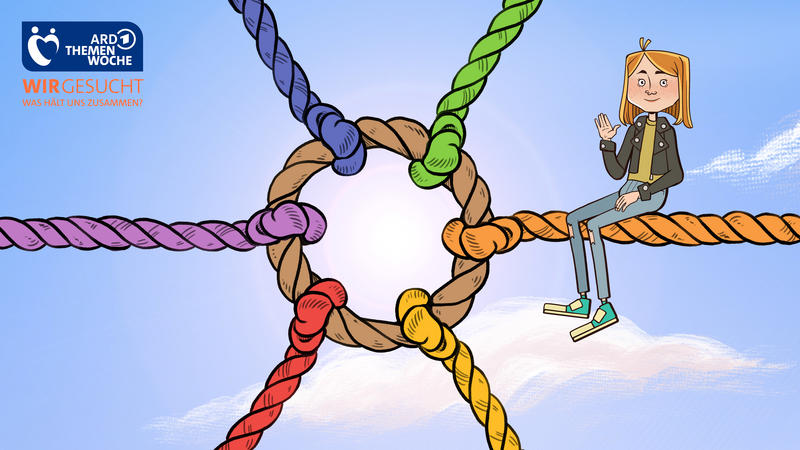 Klick öffnet Bildbetrachter, Symbol für Gemeinschaft aus bunten Seilen, die in einander geschlungen sind