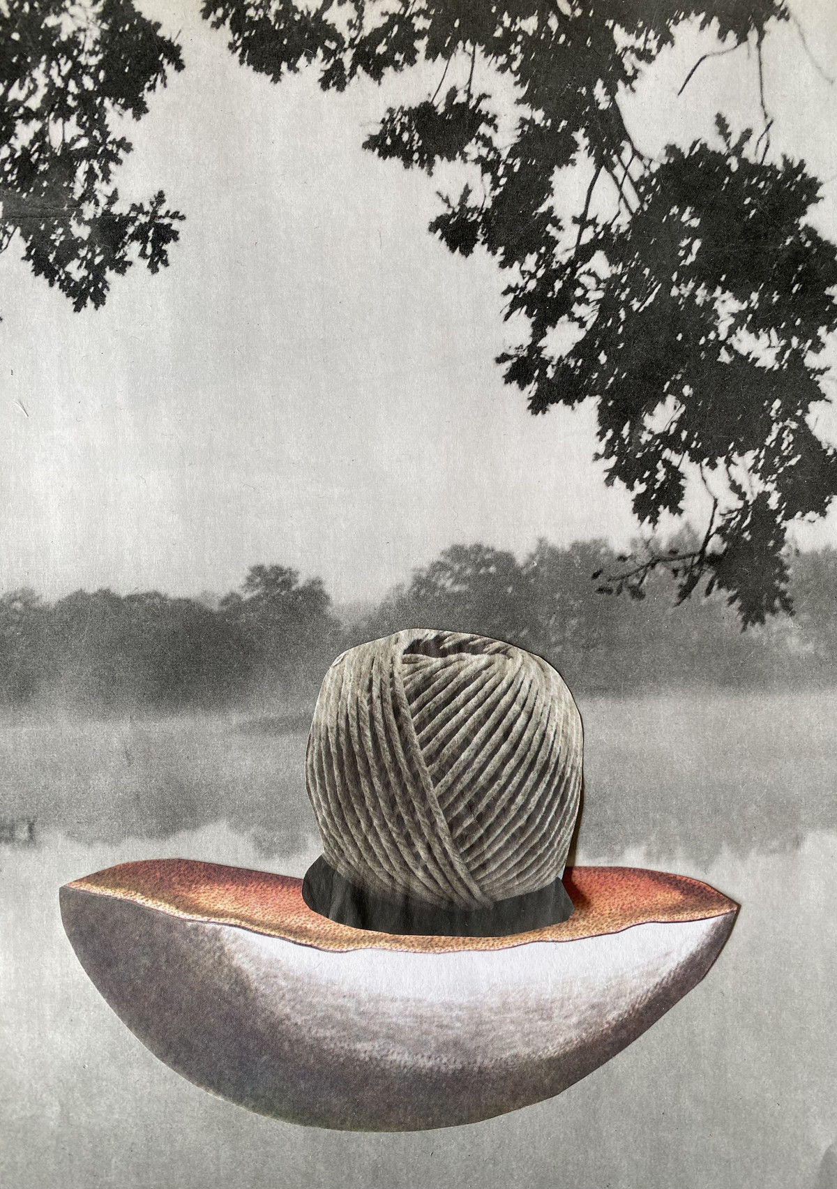 Klick öffnet Bildbetrachter; schwebende Schale mit Wollknäul vor Landschaft