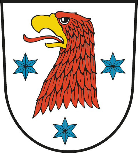 Das Wappen des Kreises Rathenow zeigt den Kopf eines roten Adlers auf hellem Grund er ist von drei blauen Sternen umgeben.