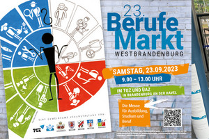 Bildleiste mit Bildern vom Berufemarkt und einem Flyer zur Veranstaltung - Klick öffnet Bildbetrachter