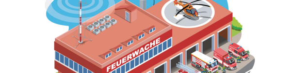 Klick öffnet Pressetext; Grafik von Feuerwehrstation und Warnsystemen