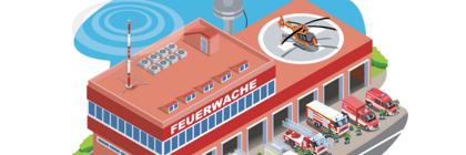 Klick öffnet Pressetext; Grafik von Feuerwehrstation und Warnsystemen