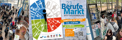 Bildleiste mit Bildern vom Berufemarkt und einem Flyer zur Veranstaltung - Klick öffnet Bildbetrachter