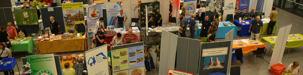 Draufsicht auf verschiedene Informationsstände in einer Halle - Klick öffnet Bildbetrachter