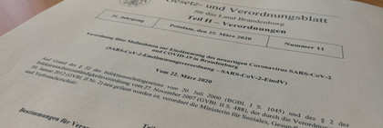 Die erste Seite der Verordnung über Maßnahmen zur Eindämmung des neuartigen Coronavirus SARS-CoV-2 und COVID-19 in Brandenburg.