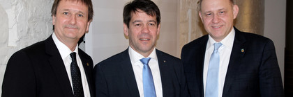 Christian Stein (Vize-Landrat von Potsdam-Mittelmark), Brandenburgs Bürgermeister Steffen Scheller und Landrat Roger Lewandowski