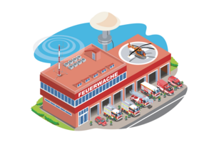 Klick öffnet Pressetext; Grafik von Feuerwehrstation und Warnsystemen