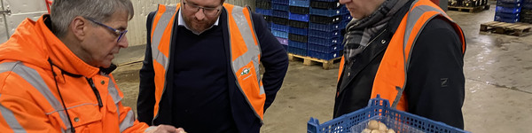 Landrat Roger Lewandowski (rechts) und Nauens Bürgermeister Manuel Meger (Mitte) bei ihrem Besuch in der Dohme Pilzzucht GmbH in Tietzow.