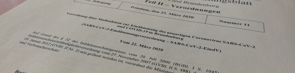 Die erste Seite der Verordnung über Maßnahmen zur Eindämmung des neuartigen Coronavirus SARS-CoV-2 und COVID-19 in Brandenburg.